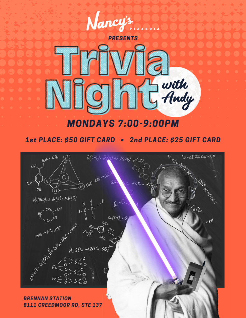 Nancy's Pizzeria presents Trivia Night with Andy, Mondays 7:00 - 9:00 PM. 8111 Creedmoor Road Raleigh, NC 27613